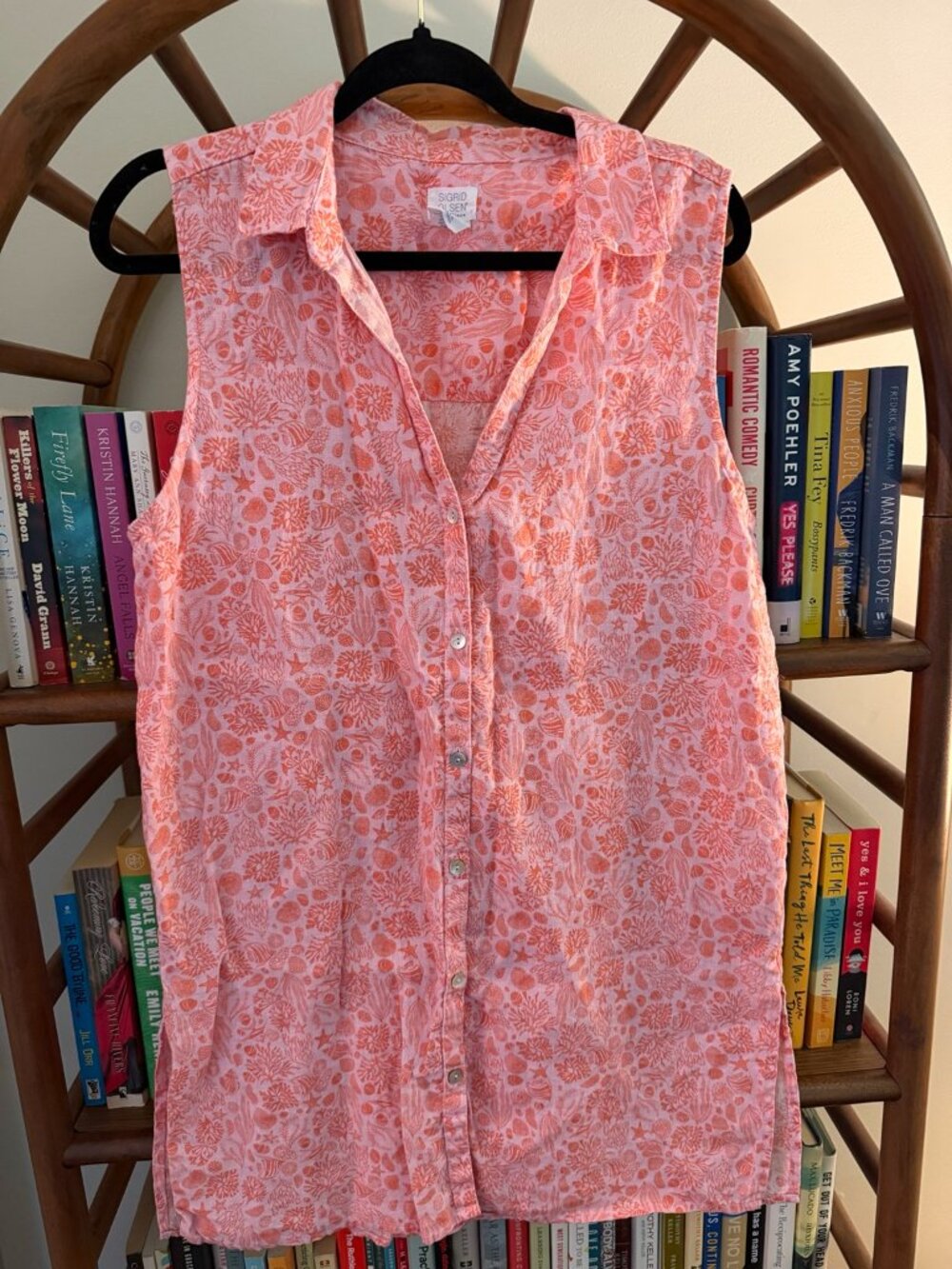 Sigrid Olsen 100% Linen Sleeveless Button Front Coral Seashell Print Top Size L‎